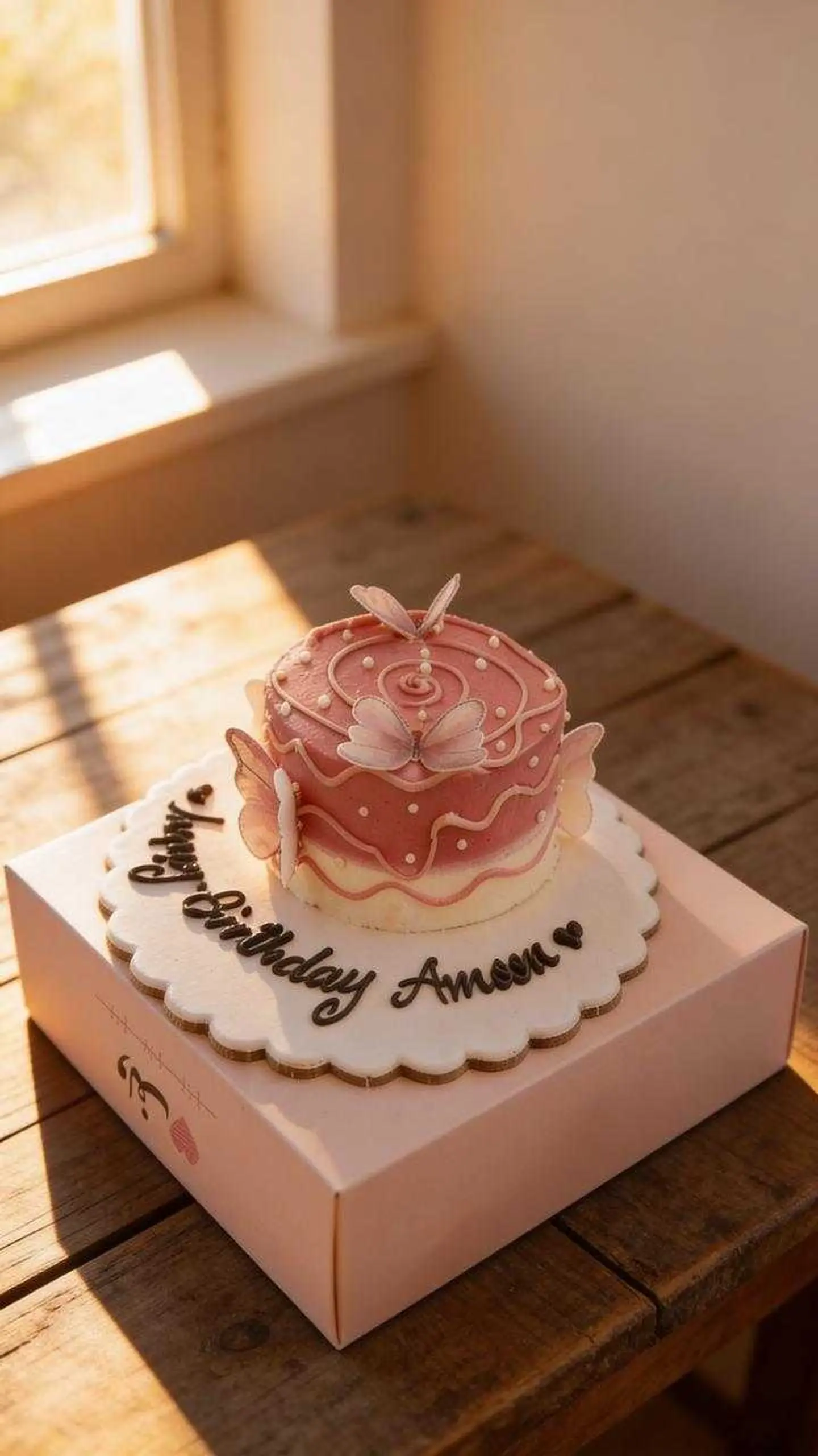 A Birthday Cake With Butterflies And Writing On The Base