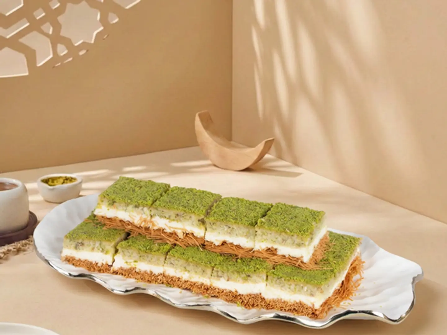 Pistachio Basbousa With Cream And Kunafa