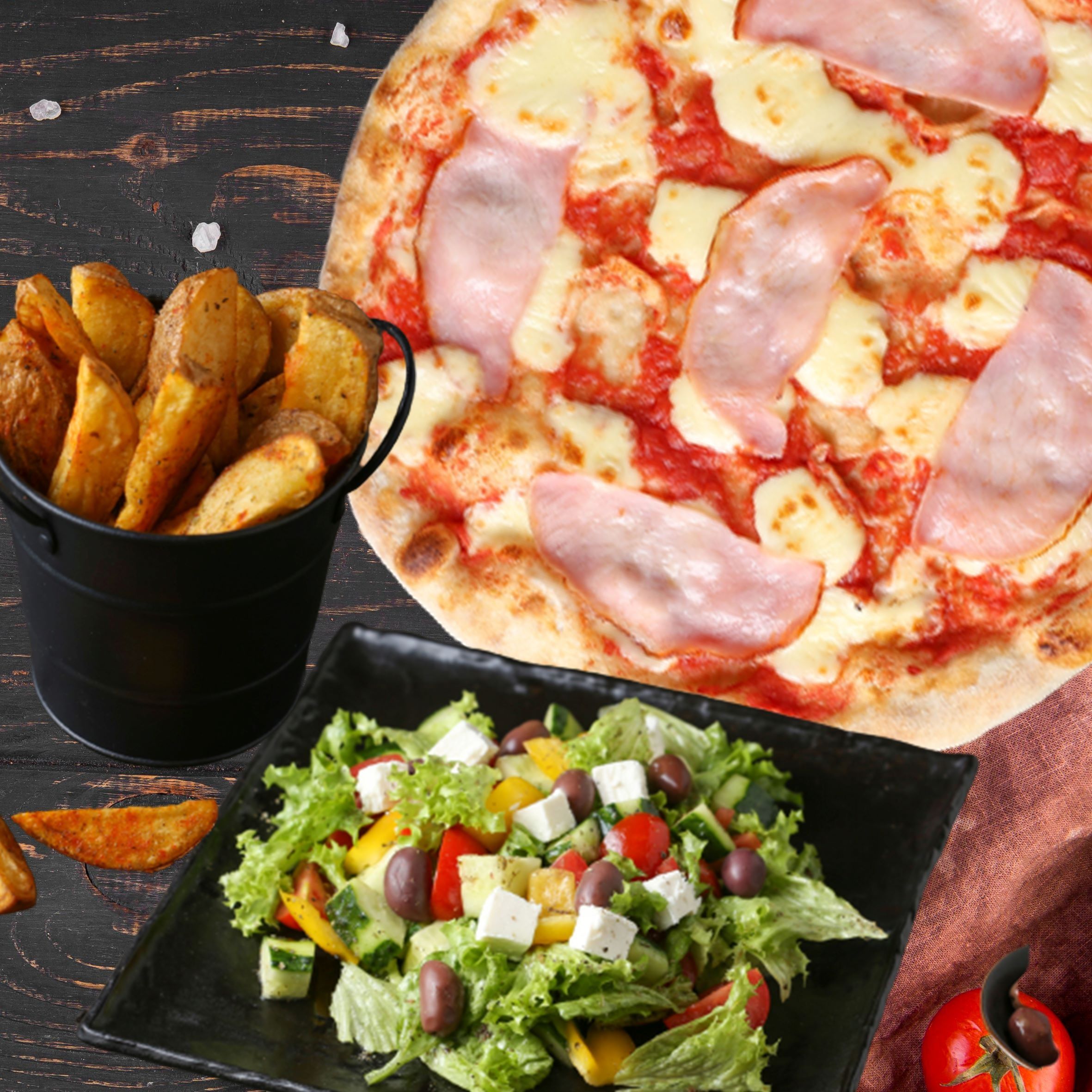 Պիցցա Խոզապուխտ + Հունական աղցան + Գյուղական կարտոֆիլ