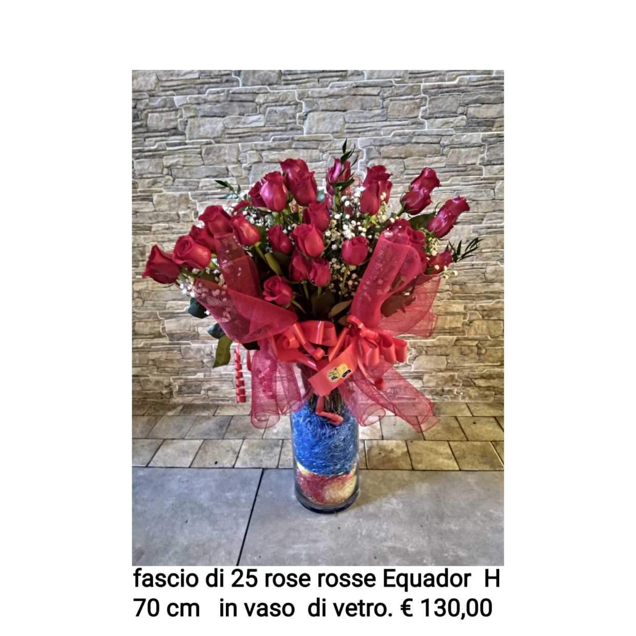 Fascio di 25 rose rosse Equador in vaso dio vetro 70 cm
