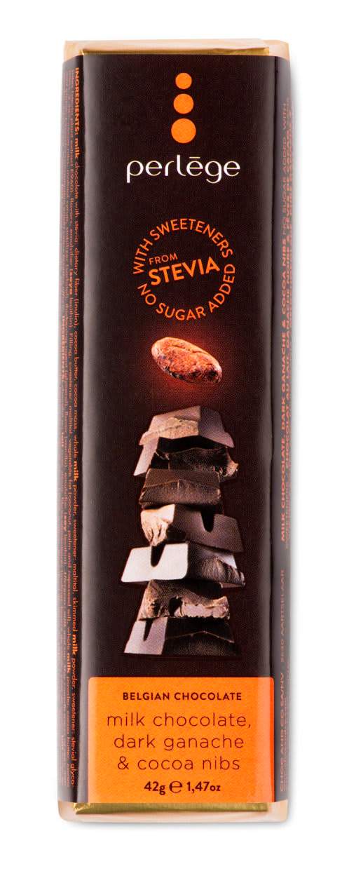 Perlége млечен шоколад с ганаш и какаови зърна без захар (42г)