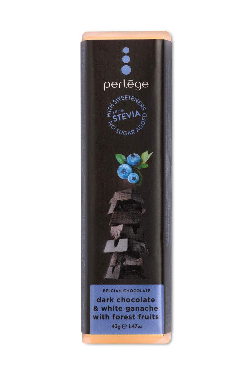 Perlége черен шоколад с пралина и ганаш от боровинки (42г)