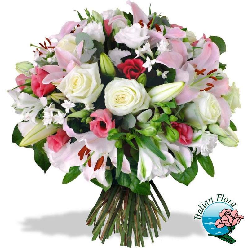 Bouquet con rose, lilium e fiori misti di stagione