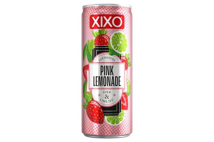 XIXO Pink Lemonade eper- és limeízű, szénsavas üdítőital cukorral és édesítőszerrel 250 ml