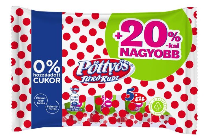 Pöttyös Túró Rudi natúr túródesszert kakaós étbevonattal hozzáadott cukor nélkül 5 x 42 g (210 g)