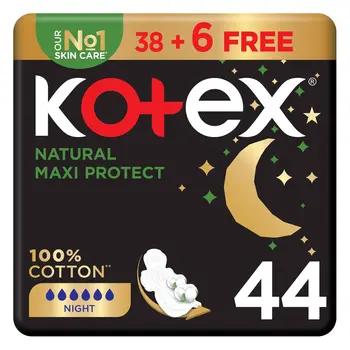Kotex Natural Maxi Protect Thick Pads, 100% Cotton Pad, Overnight Protection Sanitary Pads with Wings, 44Pieces
