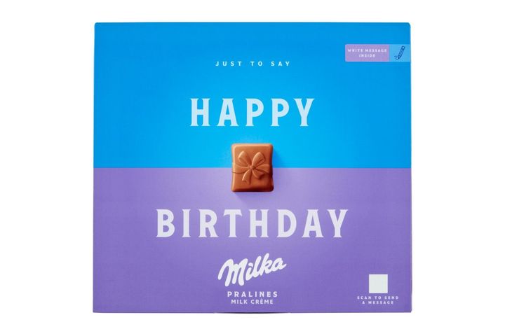 Milka Happy Birthday alpesi tejcsokoládé praliné tejes krémtöltelékkel 20 db 110 g