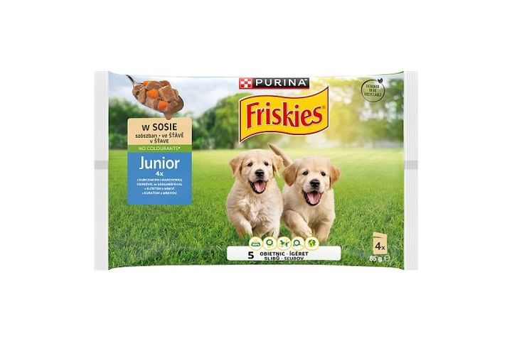 Friskies Junior teljes értékű eledel kölyökkutyáknak csirkével és sárgarépával 4 x 85 g (340 g)