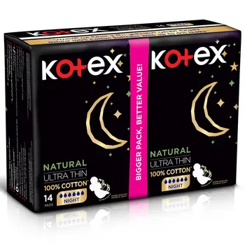 Kotex Natural Ultra Thin Pads 100% Cotton Pad Overnight Protection Sanitary Pads with Wings 14Pieces