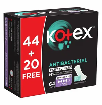 Kotex Antibacterial Panty Liners, 99% Protection from Bacteria Growth, Long Size,Daily Panty Liners 64Pieces