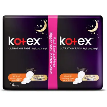Kotex Ultra Thin Pads, Overnight Protection Sanitary Pads with Wings, Sanitary Pads 14Pieces