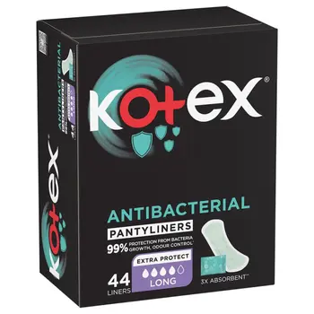 Kotex Antibacterial Panty Liners, 99% Protection from Bacteria Growth, Long Size, Daily Panty Liners 44Pieces
