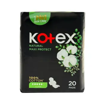 Kotex Natural Maxi Protect Thick Pads, 100% Cotton Pad, Super Size with Wings, 20Pieces