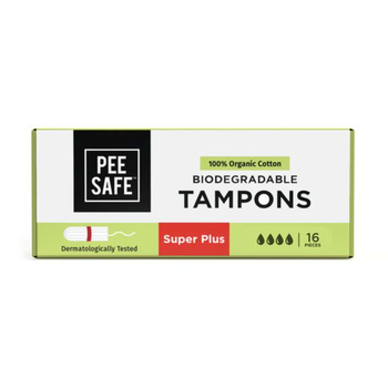 PeeSafe 100% Organic Cotton Tampons Comfortable & Stain-Free Super Plus size 16Pieces