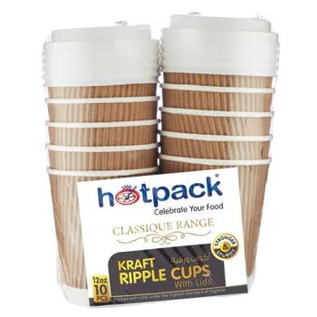 Hotpack Kraft Ripple Cups with White Lids 12 Oz 10 Pcs