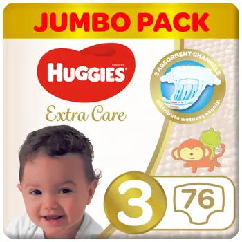 Huggies Extra Care, Size 3, 4 - 9 kg, Jumbo Pack, 76Pieces
