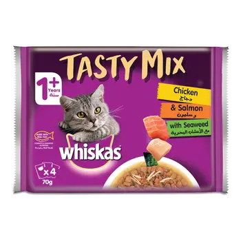 Whiskas Tasty Mix, Chicken & Salmon with Seaweed, Wet Cat Food, 70g Pouches (Pack of 4)