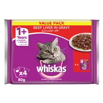 Whiskas Beef Liver in Gravy, Wet Cat Food 80g Pouches (Pack of 4)