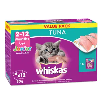 Whiskas Junior Tuna Wet Kitten Food Pouch For Kittens From 2 To 12 Months 12×80g