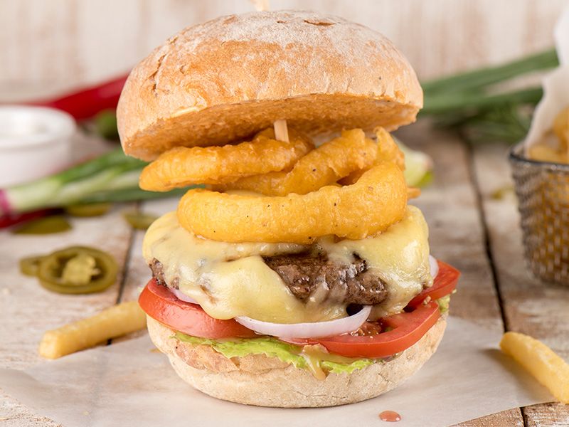 Jumbo Burger With Eggs And French Fries