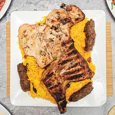 Mix 6 consists of half chicken, 3 kofta, rice, and salad