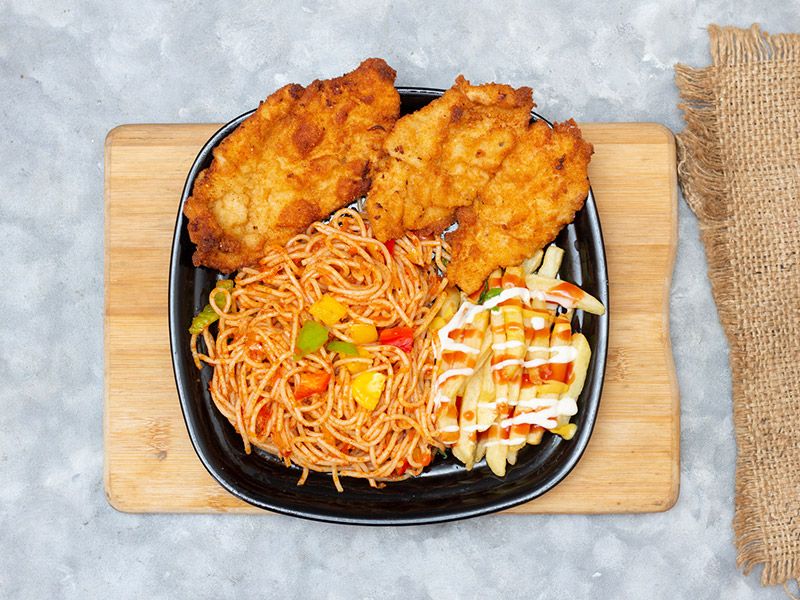 1/4 Chicken Pane With Spaghetti Pasta Meal