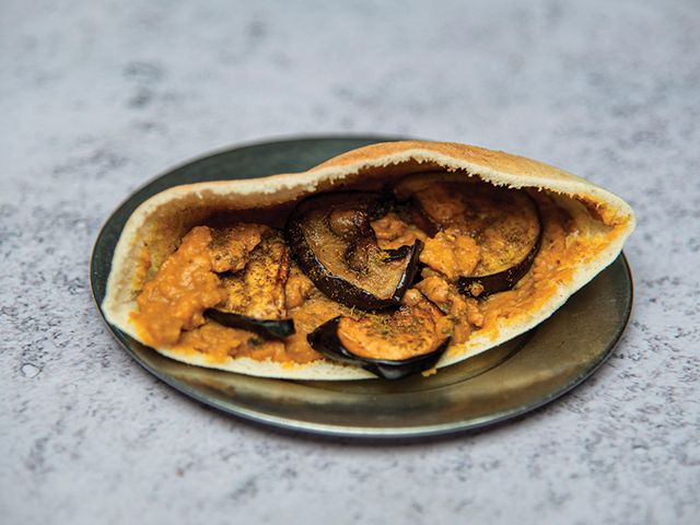 Foul With Fried Eggplant Sandwich