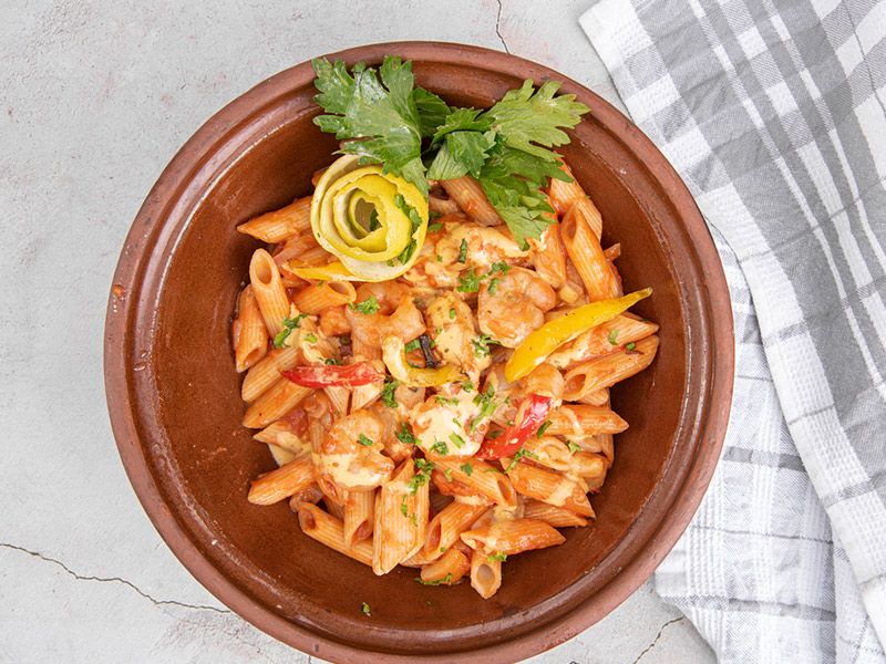 Shrimbo With Red Sauce And Basil Pasta