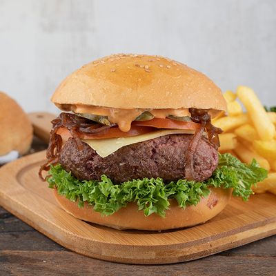 Beef burger sandwich with royal mushrooms