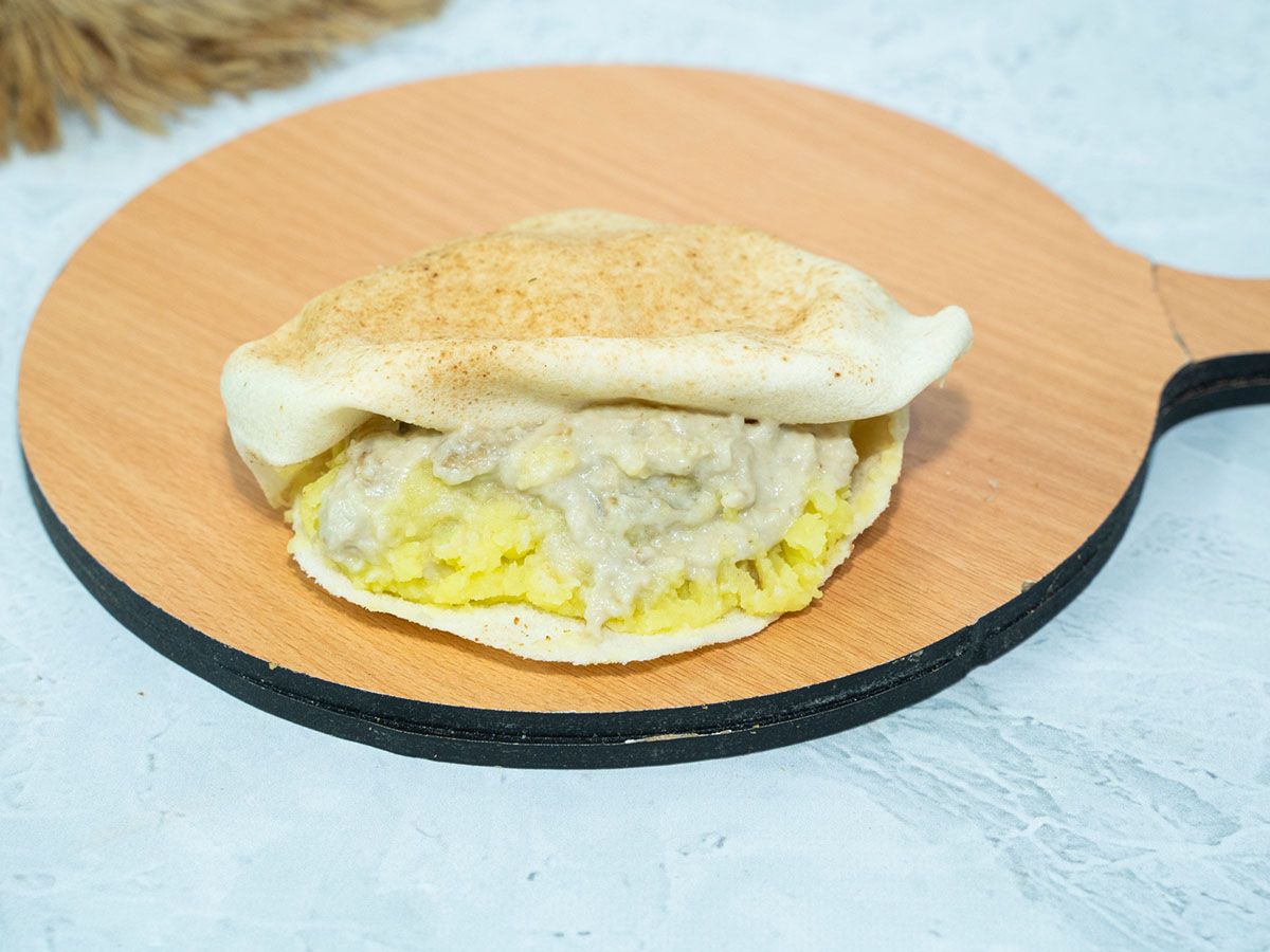 Mashed potato sandwich with baba ghanoush
