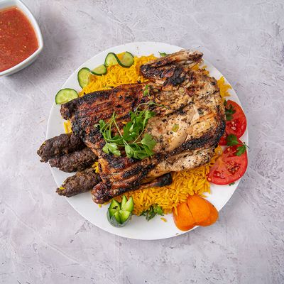Half grilled chicken with 2 kofta and 2 sambousek