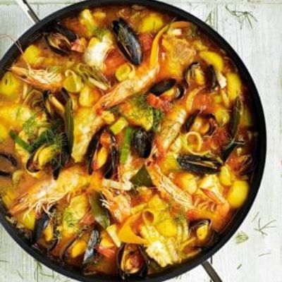 Grilled gray mullet meal with seafood soup.