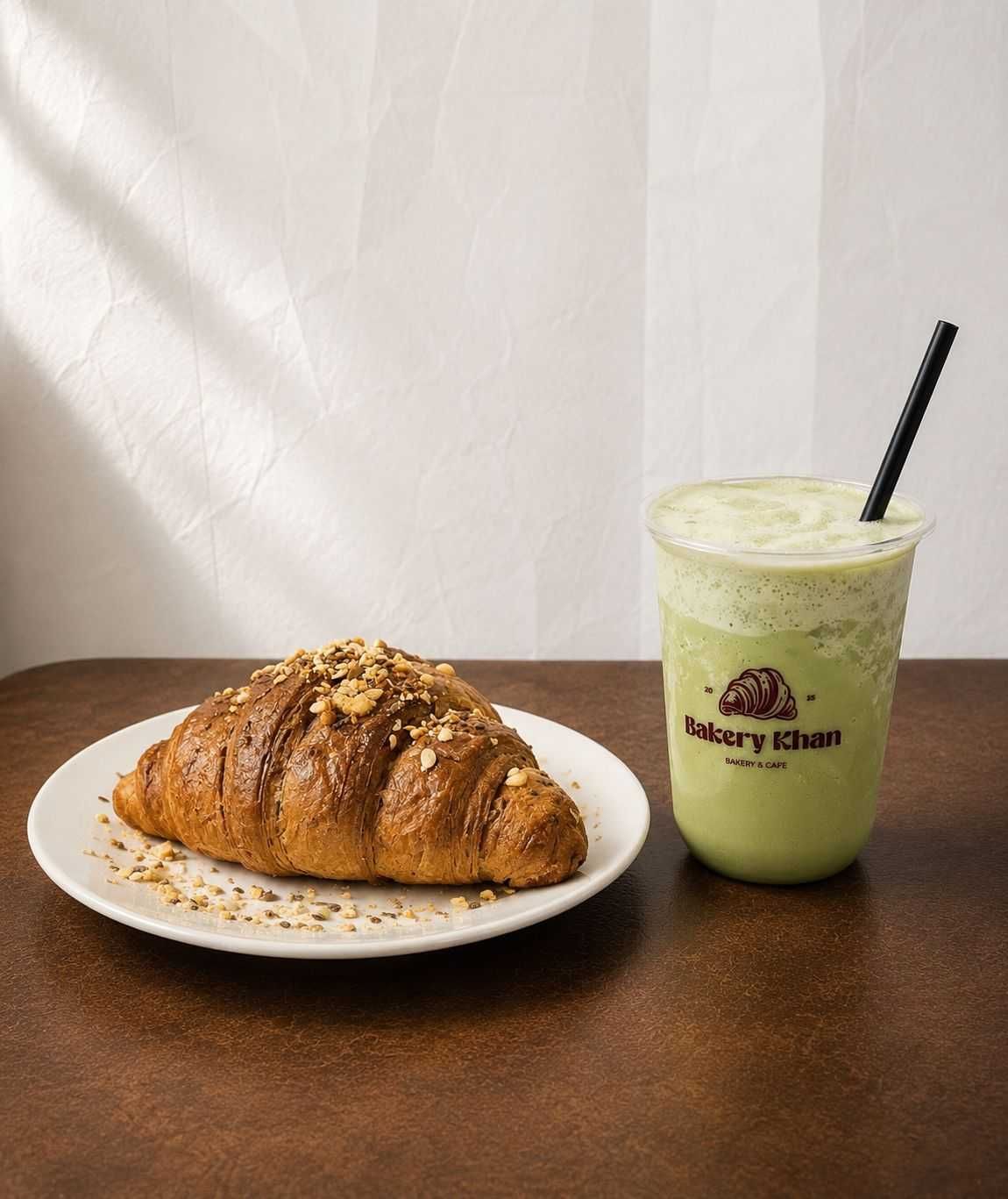 Matcha Frappe And Brown Croissant