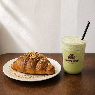 Matcha Frappe And Brown Croissant