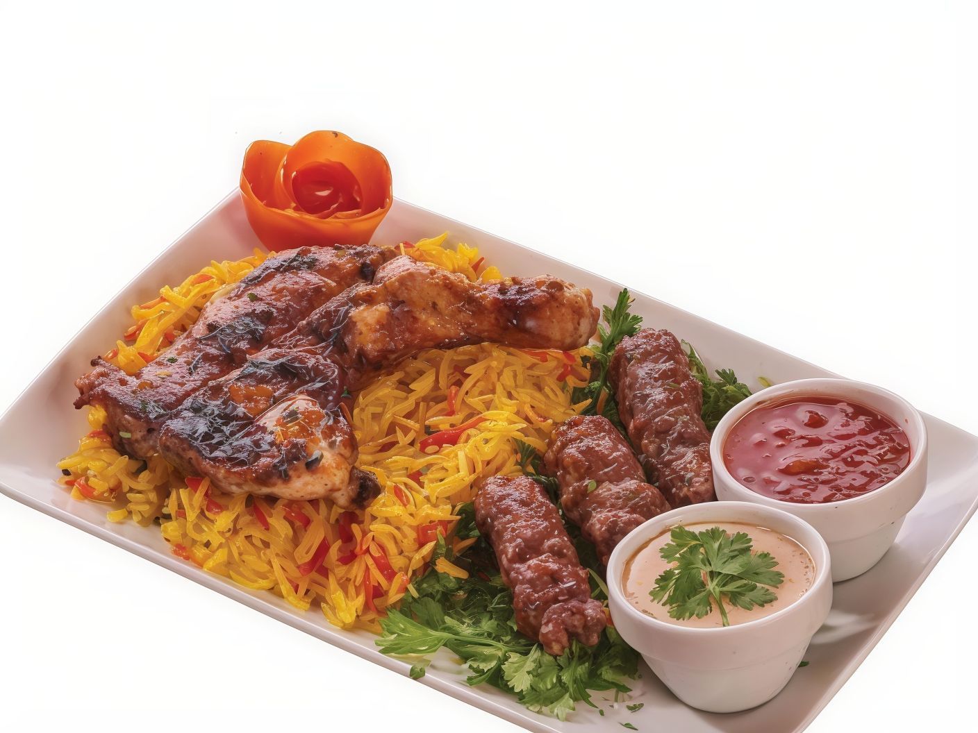 A meal of 1/4 chicken thigh and 1/8 kofta