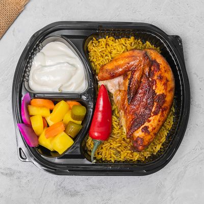Quarter chicken breast, rice and sauce