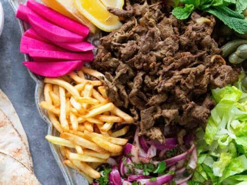 Meat Shawarma Meal, Pickled Vegetables And Potatoes