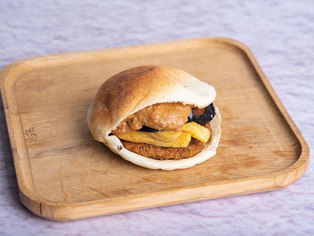 Taamia And Foul With Eggplant And French Fries Sandwich