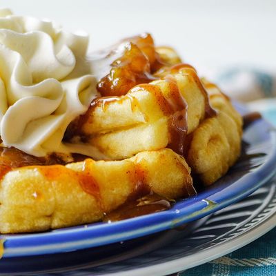 Caramelized banana waffles with vanilla ice cream