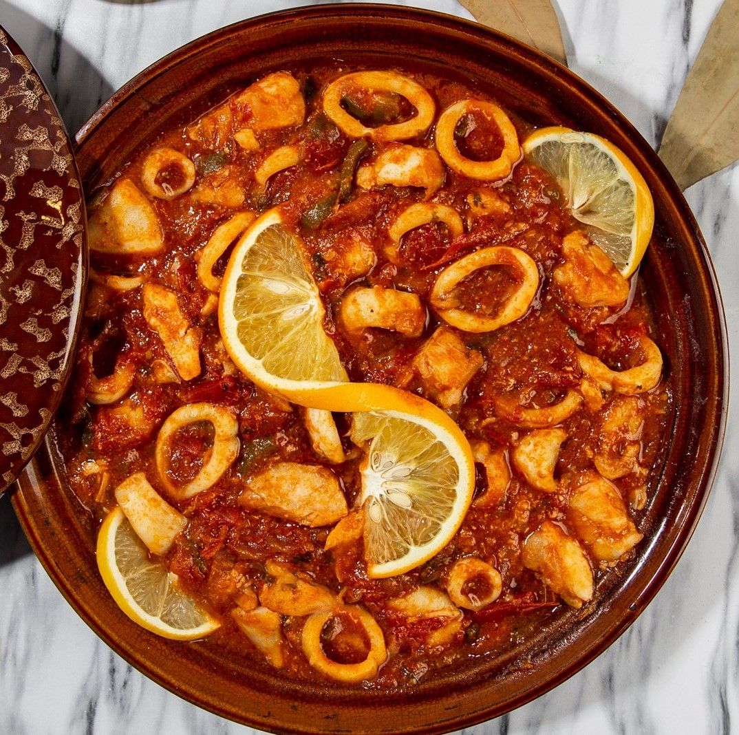 Squid casserole with red sauce
