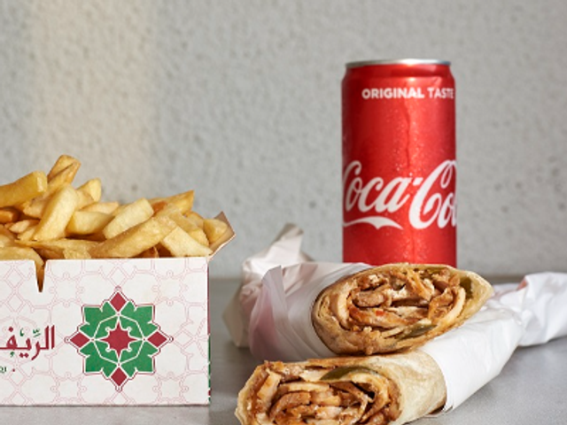 Large Saj Bread Chicken Shawarma Sandwich With French Fries And Coca-Cola Can