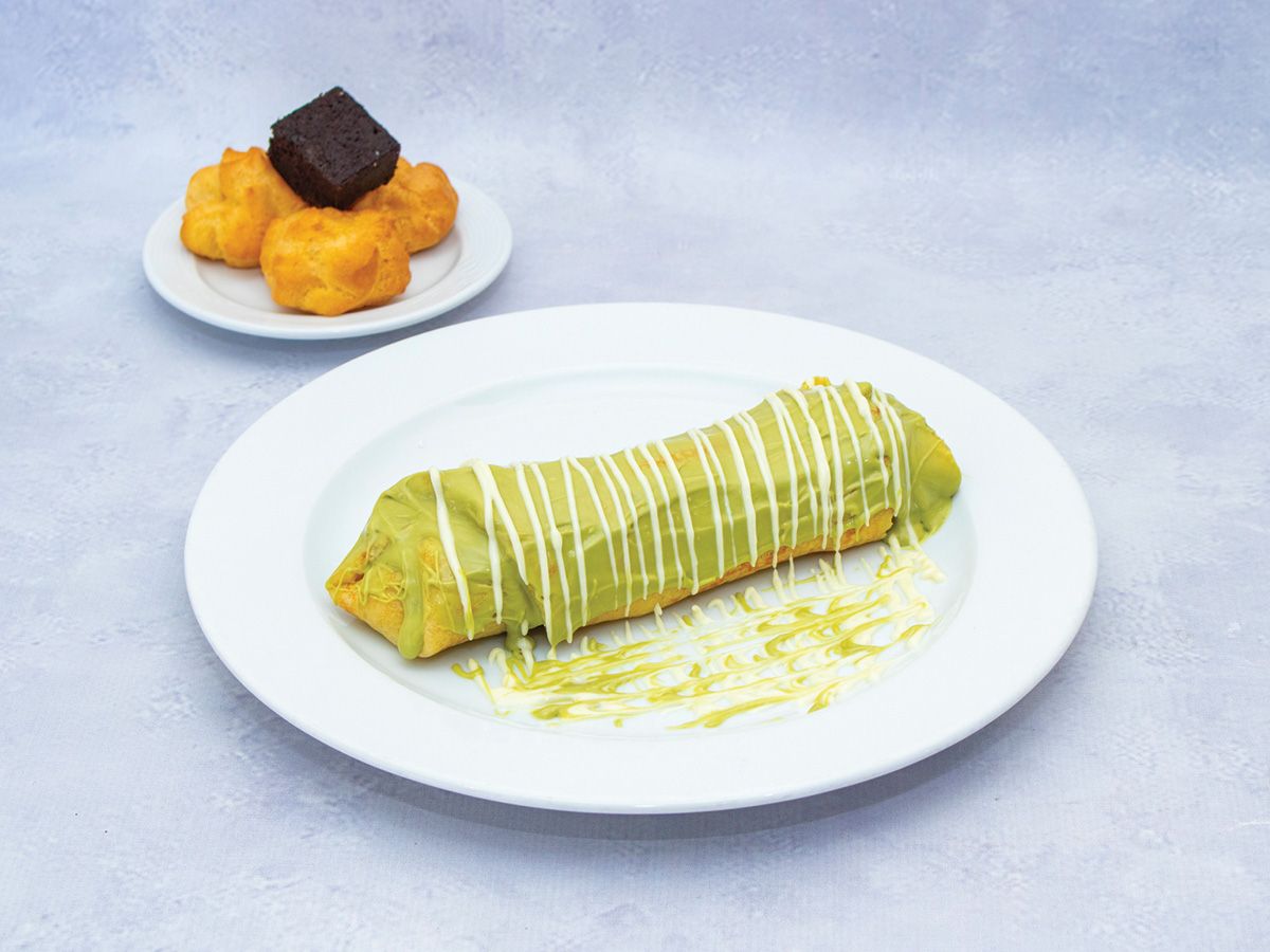 Crepe Roll With Pistachio Eclairs And Brownies