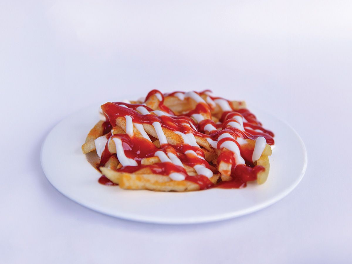 French Fries With Ketchup And Mayonnaise