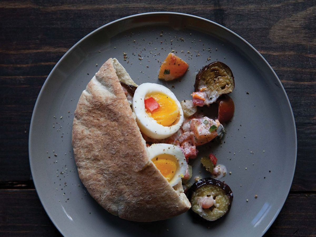 Egg on eggplant sandwich