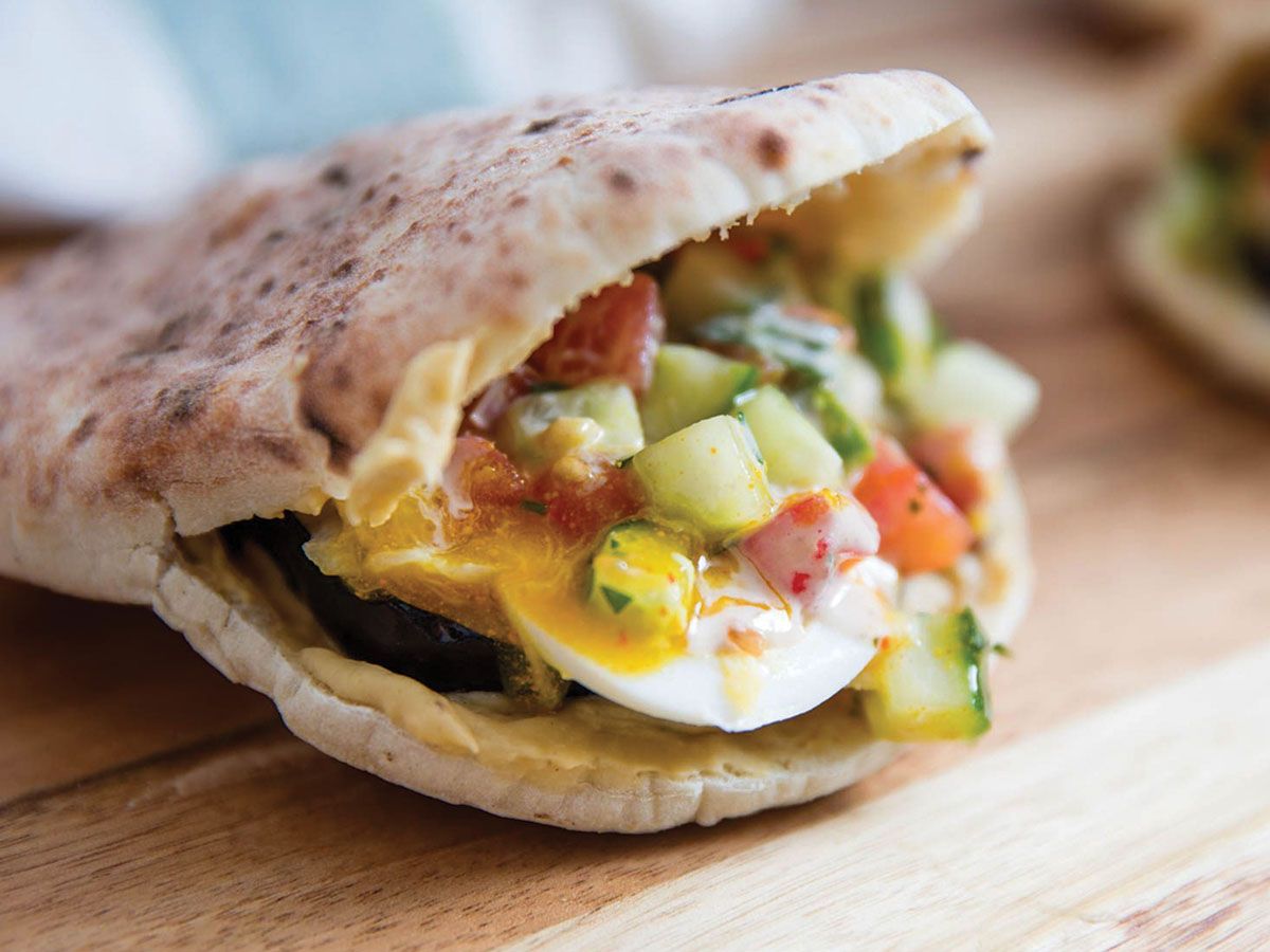 Egg on falafel sandwich