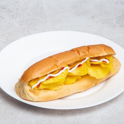 Chips Ketchup And Mayonnaise Bun Or French Sandwich