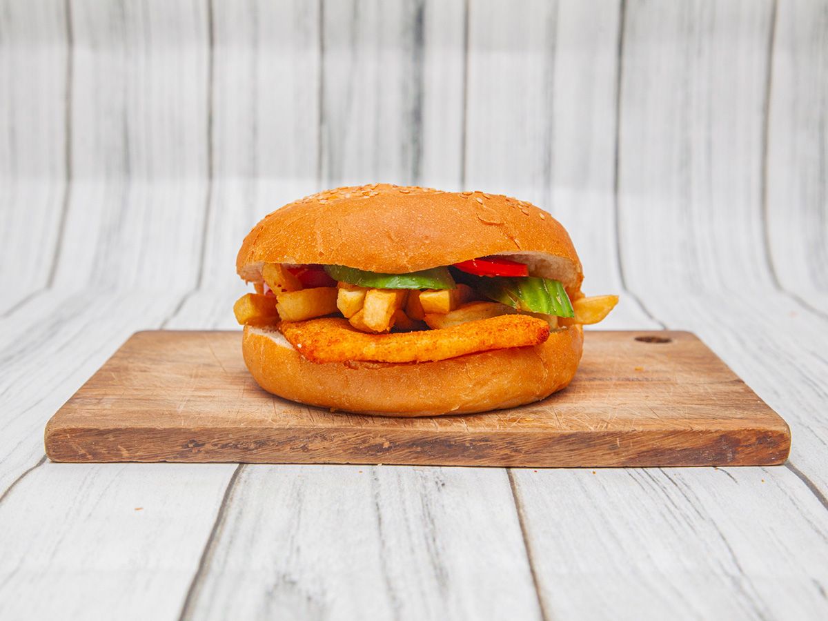 Fried cheese sandwich on French fries, Kaiser or French style