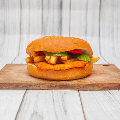 Fried cheese sandwich on French fries, Kaiser or French style