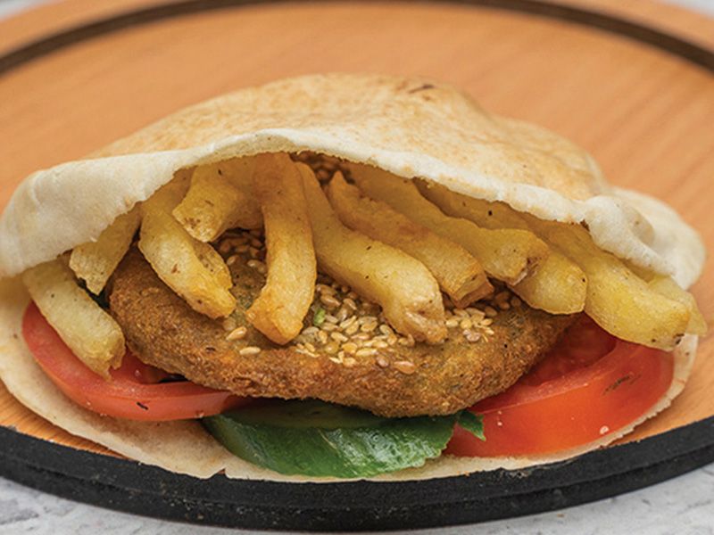 potatoes on falafel sandwich