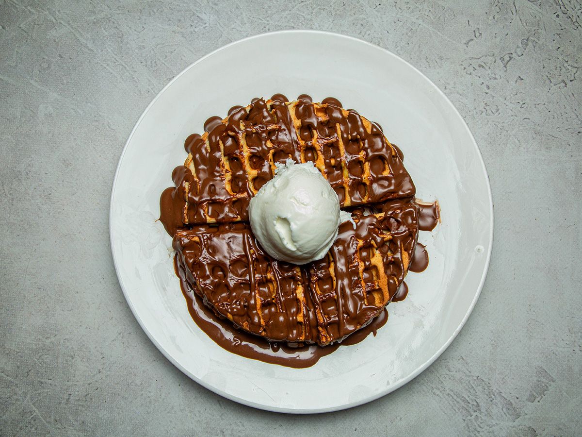 Nutella chocolate waffle with vanilla ice cream
